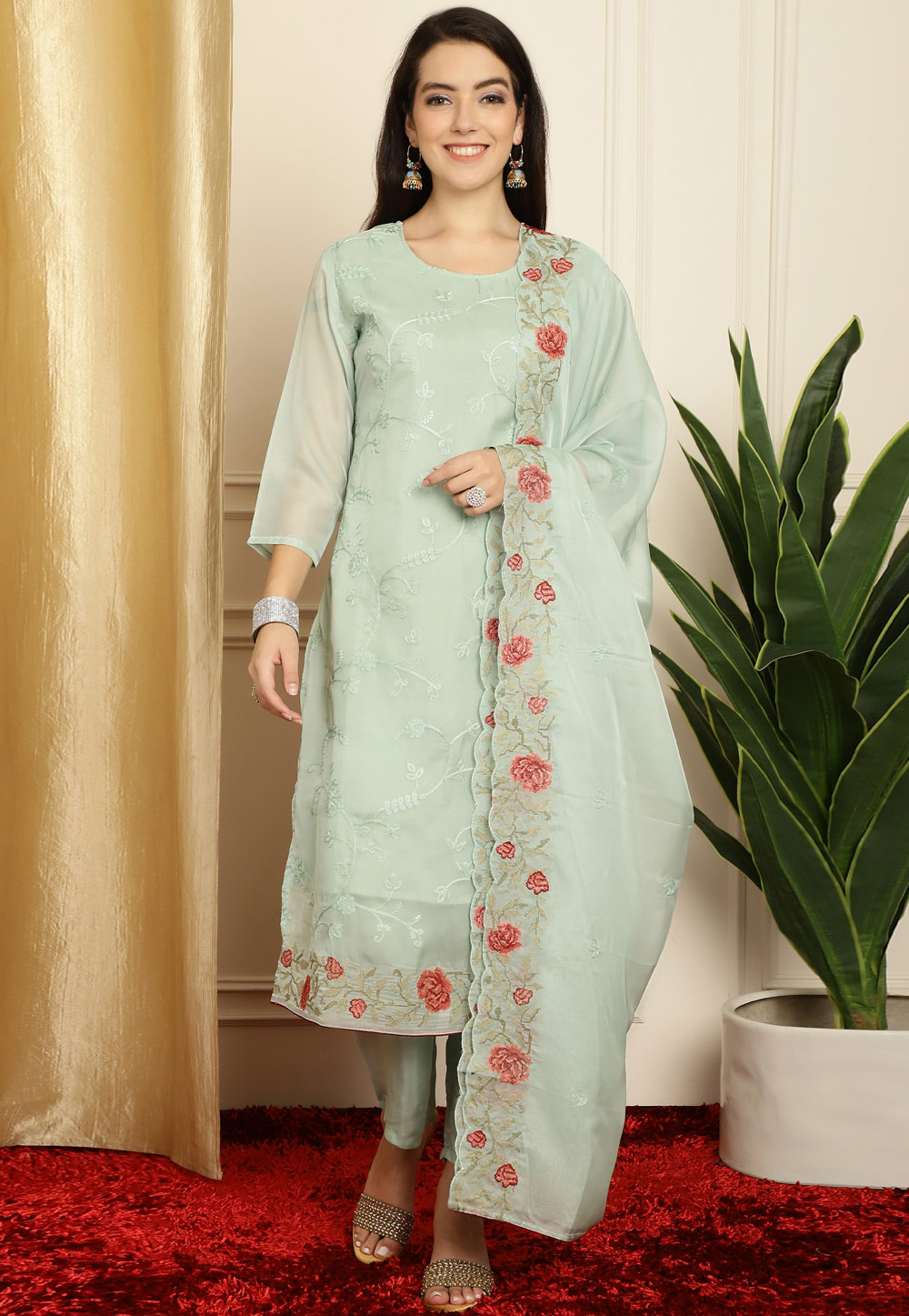 Sea Green Organza Pant Style Suit 311093