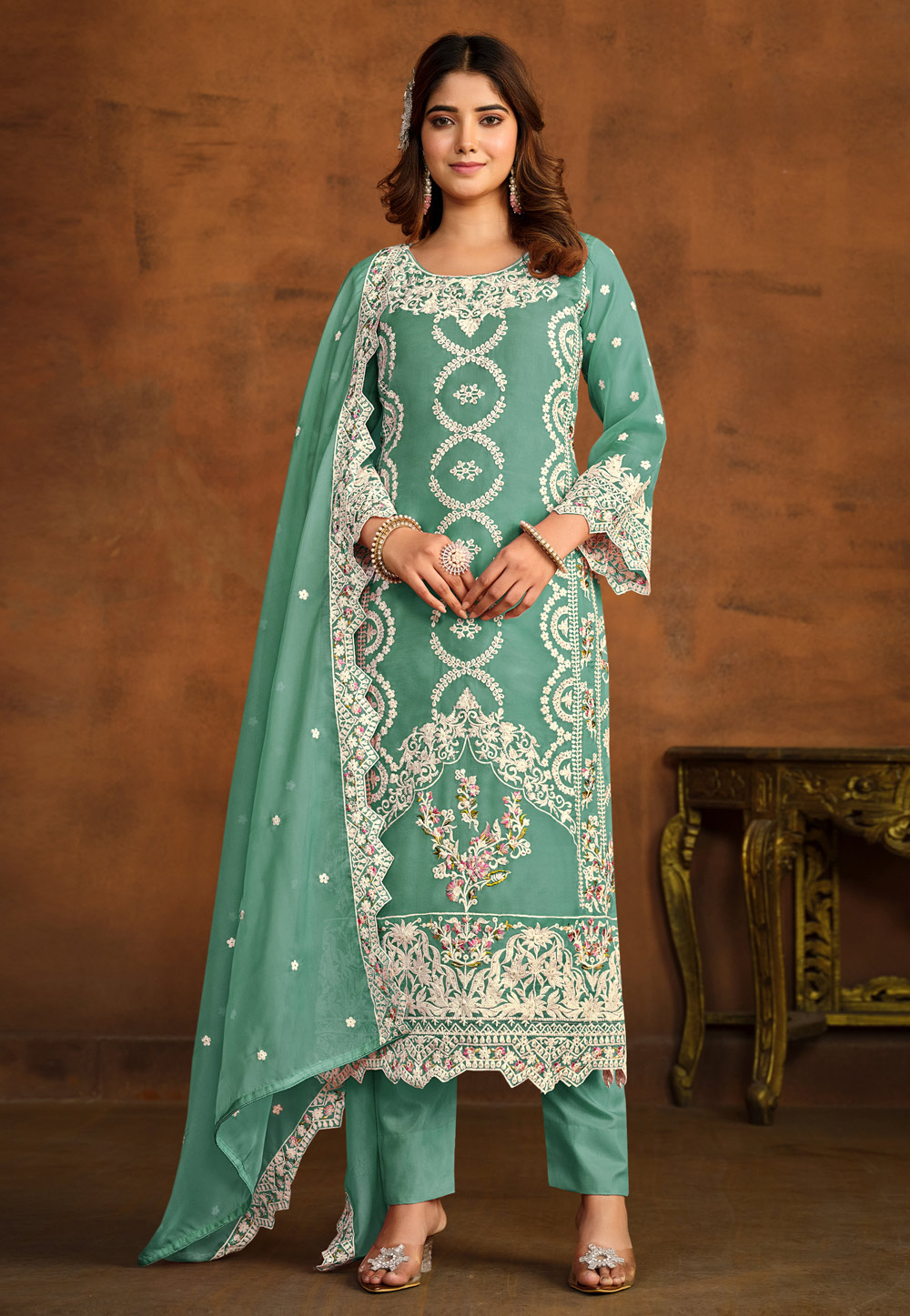 Sea Green Organza Pant Style Suit 279645