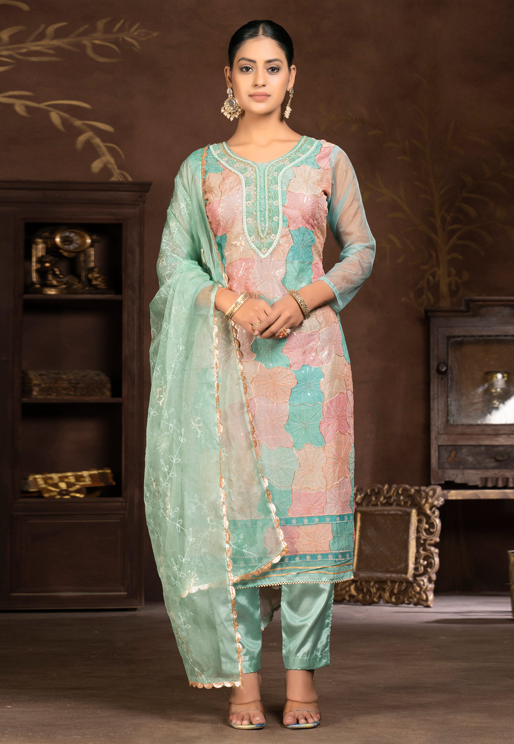 Sea Green Organza Pant Style Suit 281071