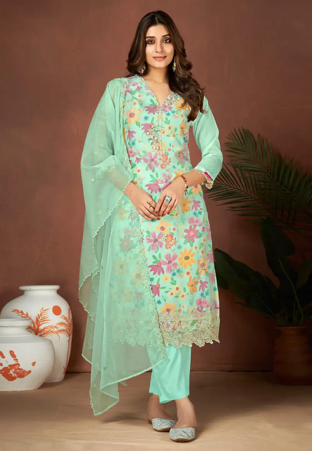 Sea Green Organza Readymade Pakistani Suit 288388