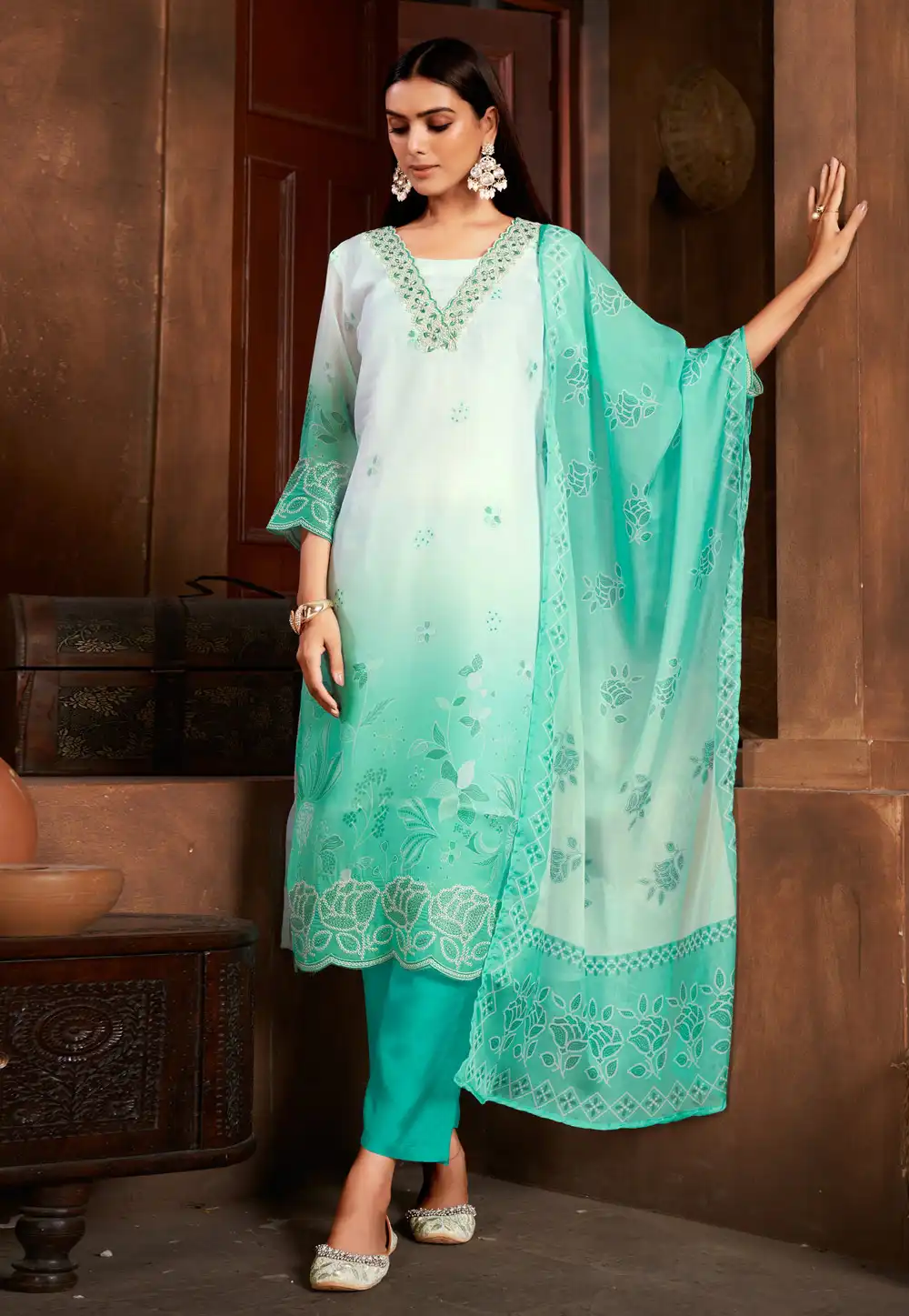 Sea Green Organza Readymade Pakistani Suit 288391