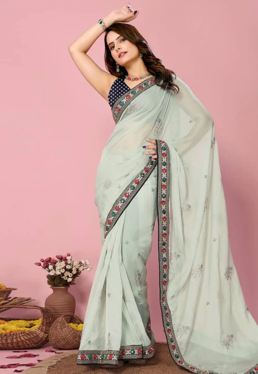 Sea Green Organza Saree With Blouse 288905