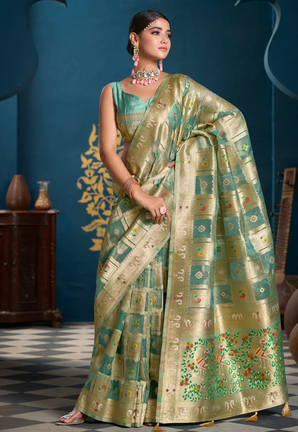 Sea Green Organza Saree With Blouse 303585