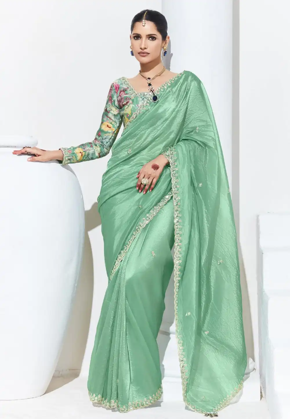 Sea Green Organza Saree With Blouse 291608