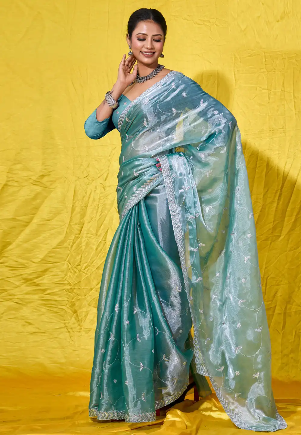 Sea Green Organza Saree With Blouse 289385