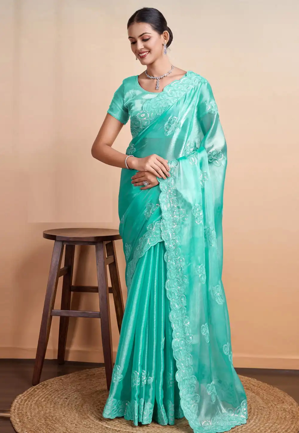 Sea Green Organza Saree With Blouse 290336