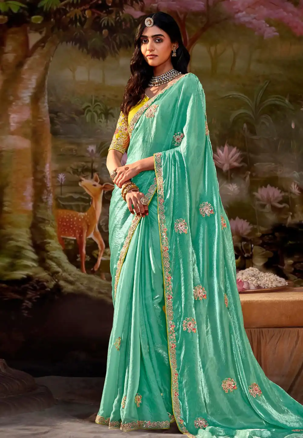 Sea Green Organza Saree With Blouse 292750