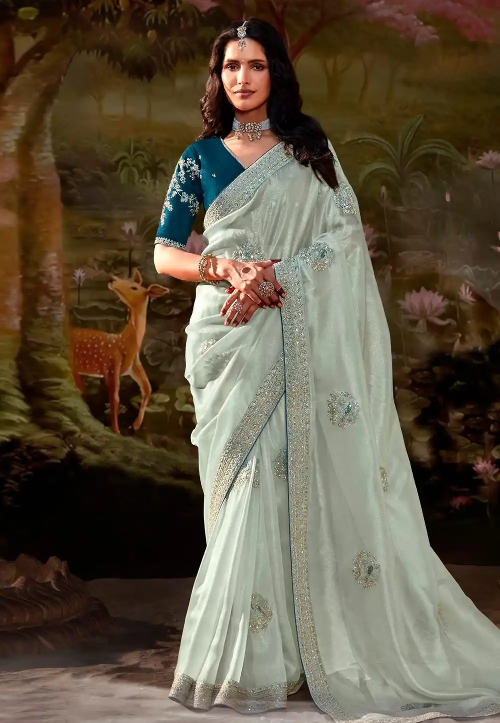 Sea Green Organza Saree With Blouse 292757