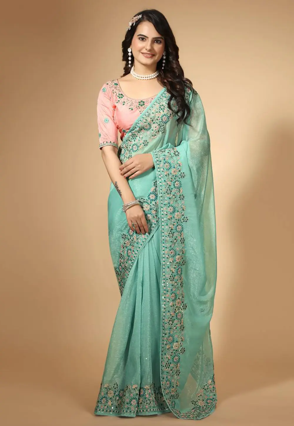 Sea Green Organza Saree With Blouse 298661