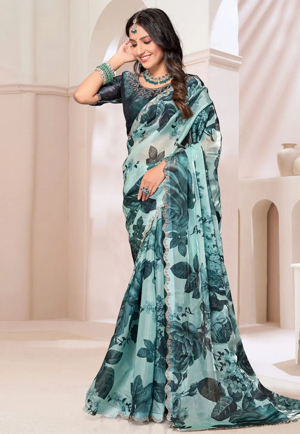 Sea Green Organza Saree With Blouse 298615