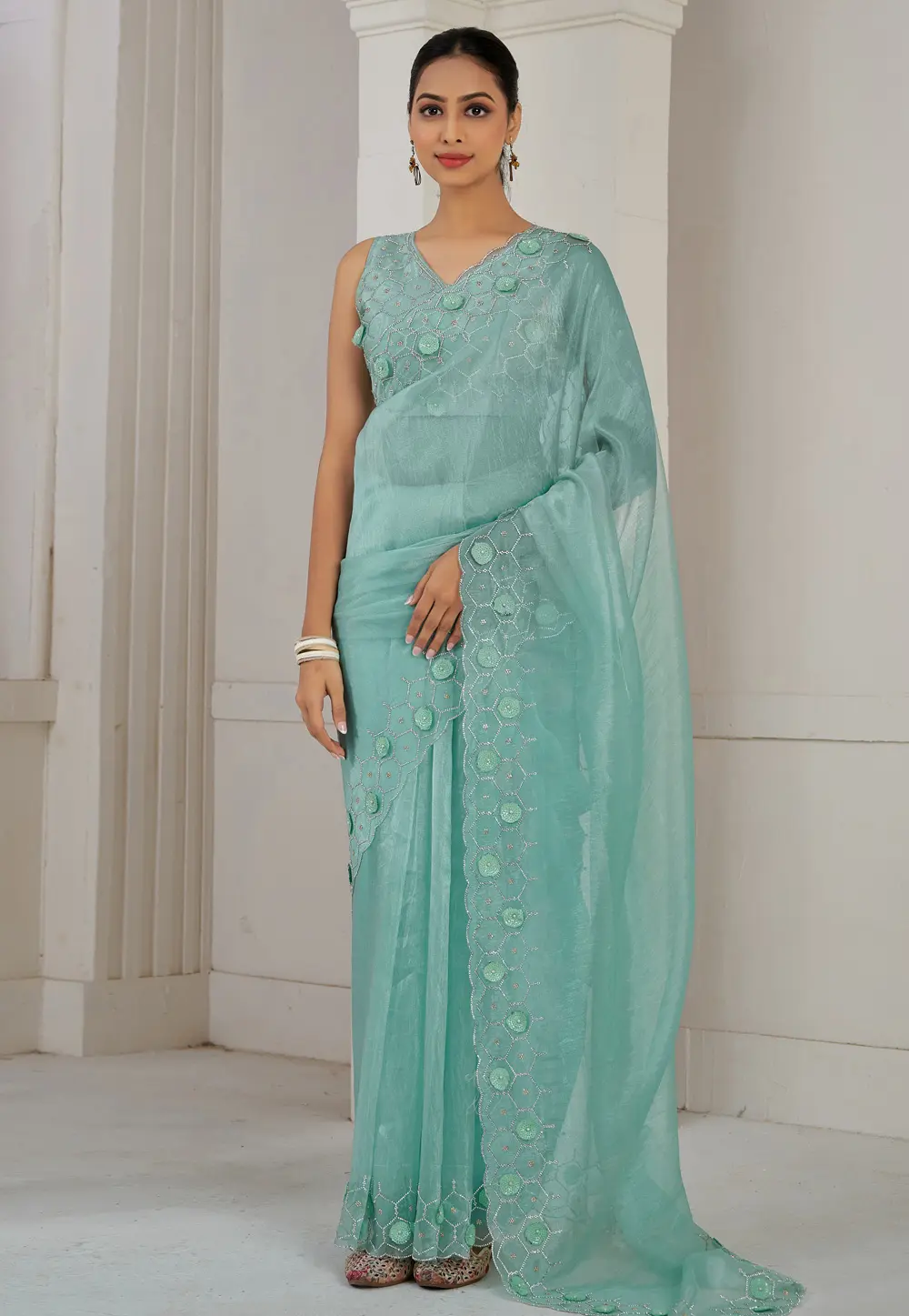 Sea Green Organza Saree With Blouse 299471