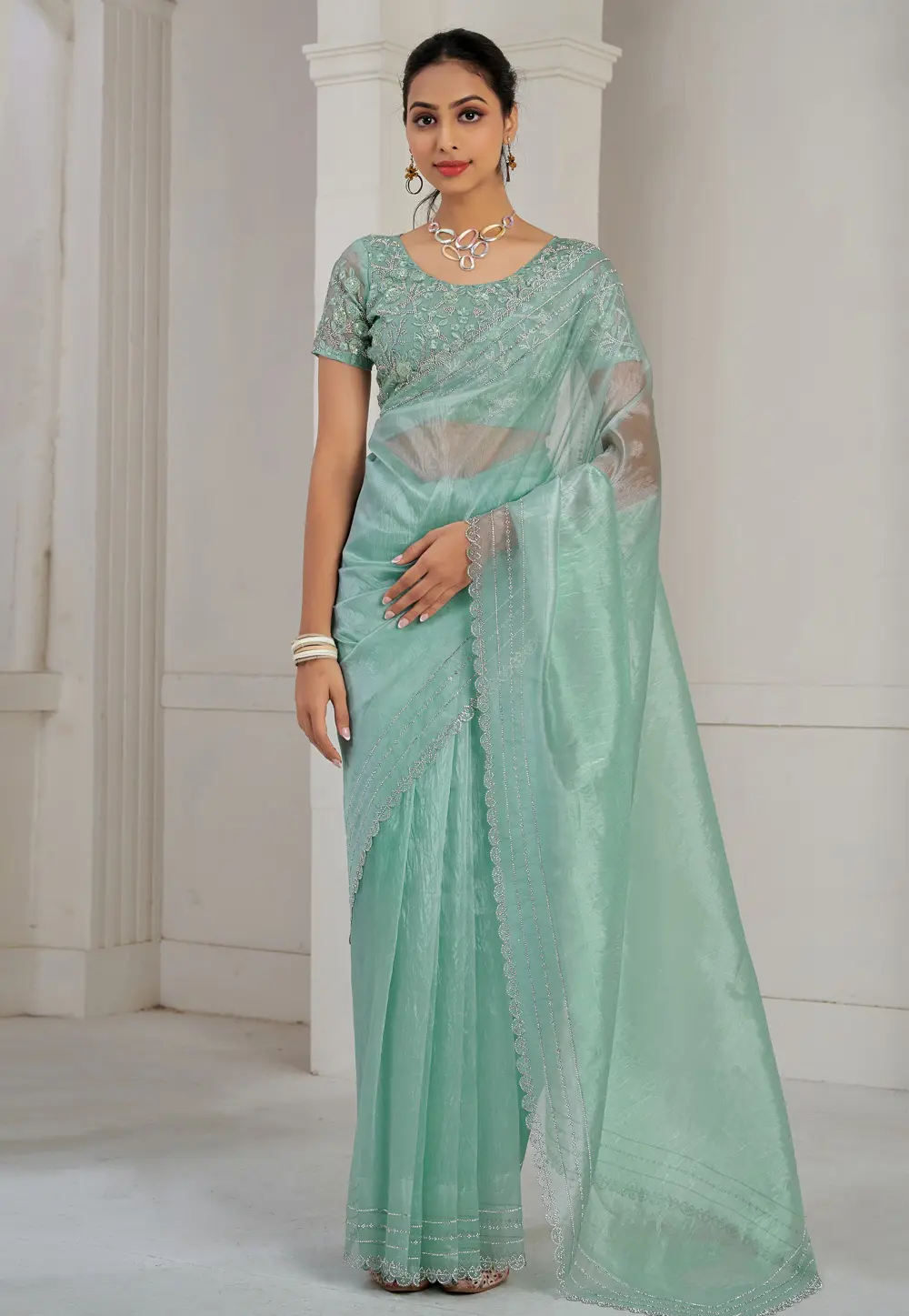 Sea Green Organza Saree With Blouse 300562