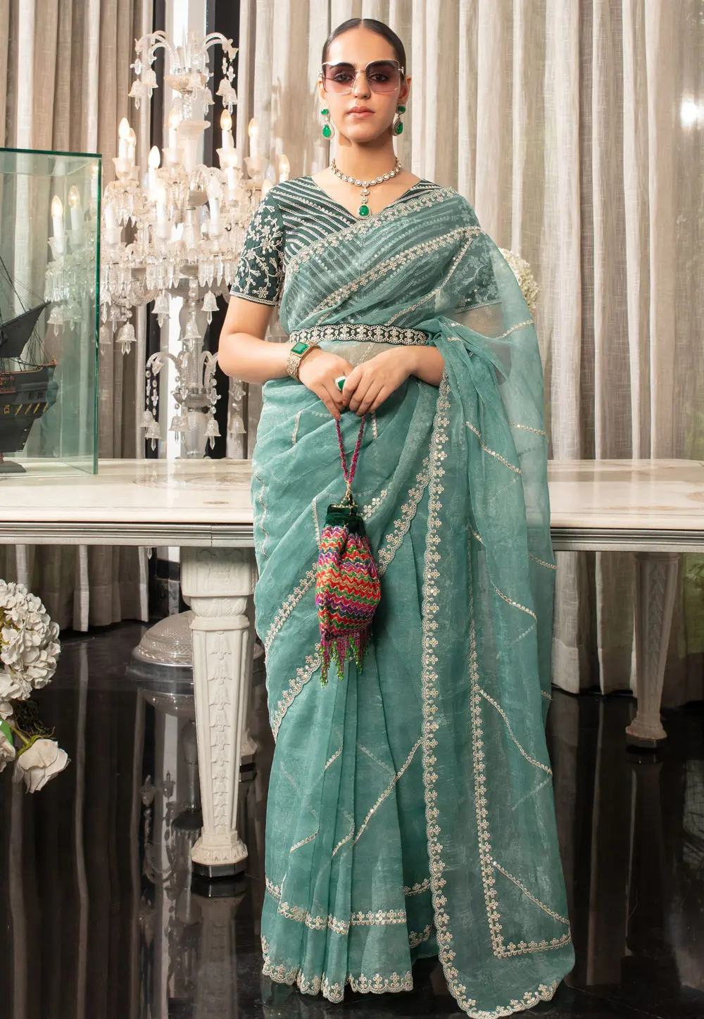 Sea Green Organza Saree With Blouse 301305