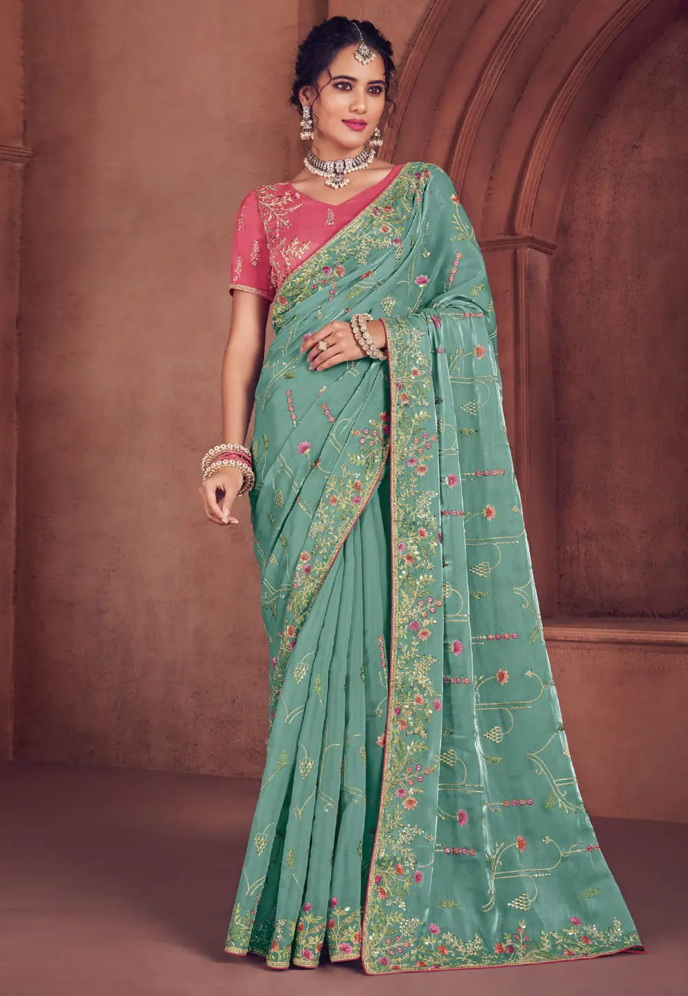 Sea Green Organza Saree With Blouse 301758