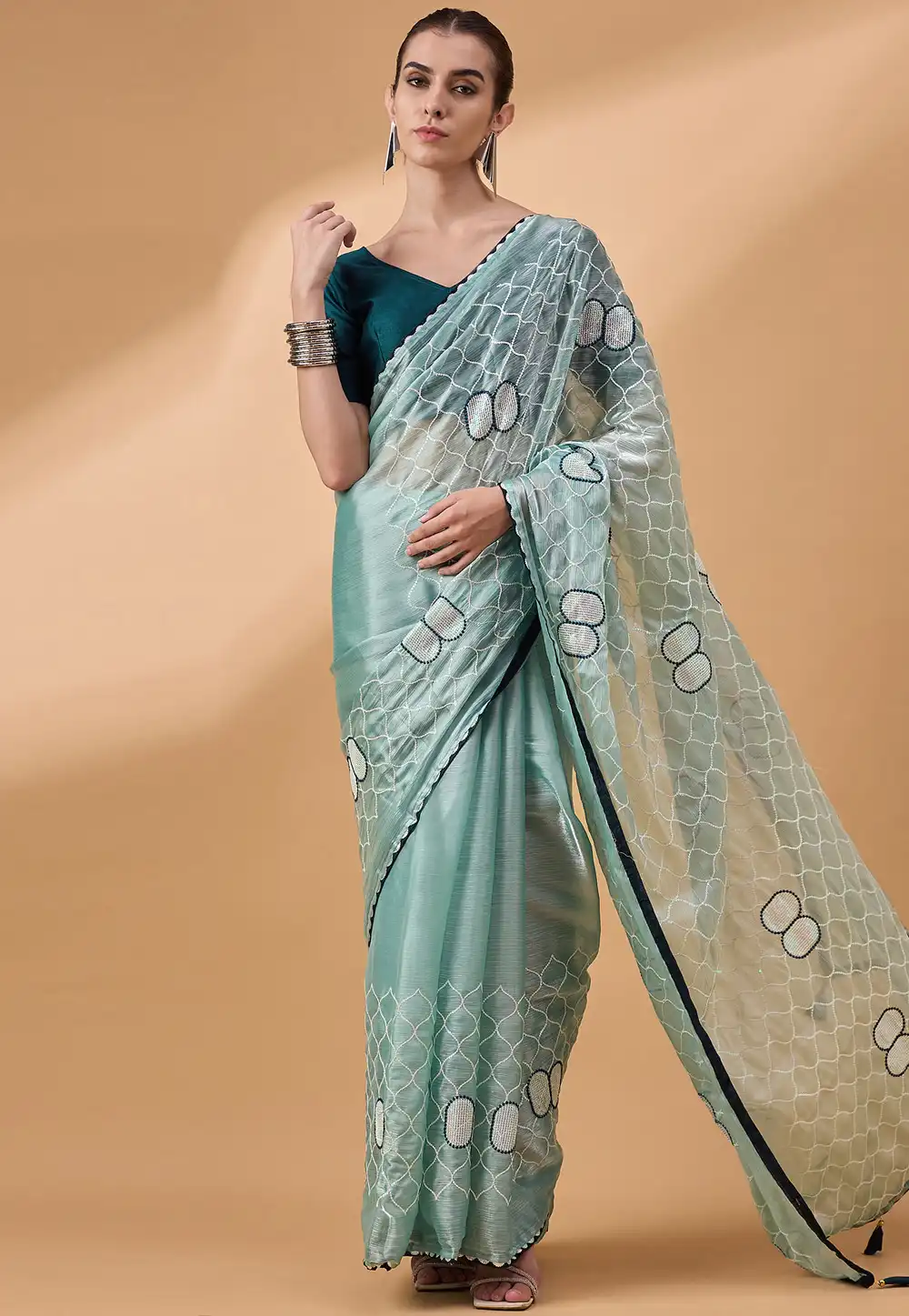 Sea Green Organza Saree With Blouse 291997