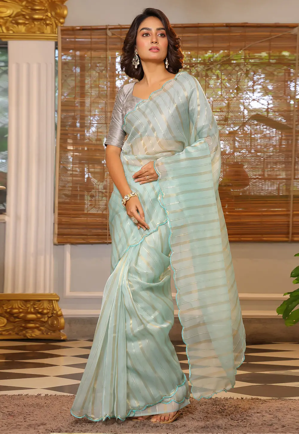 Sea Green Organza Saree With Blouse 303420