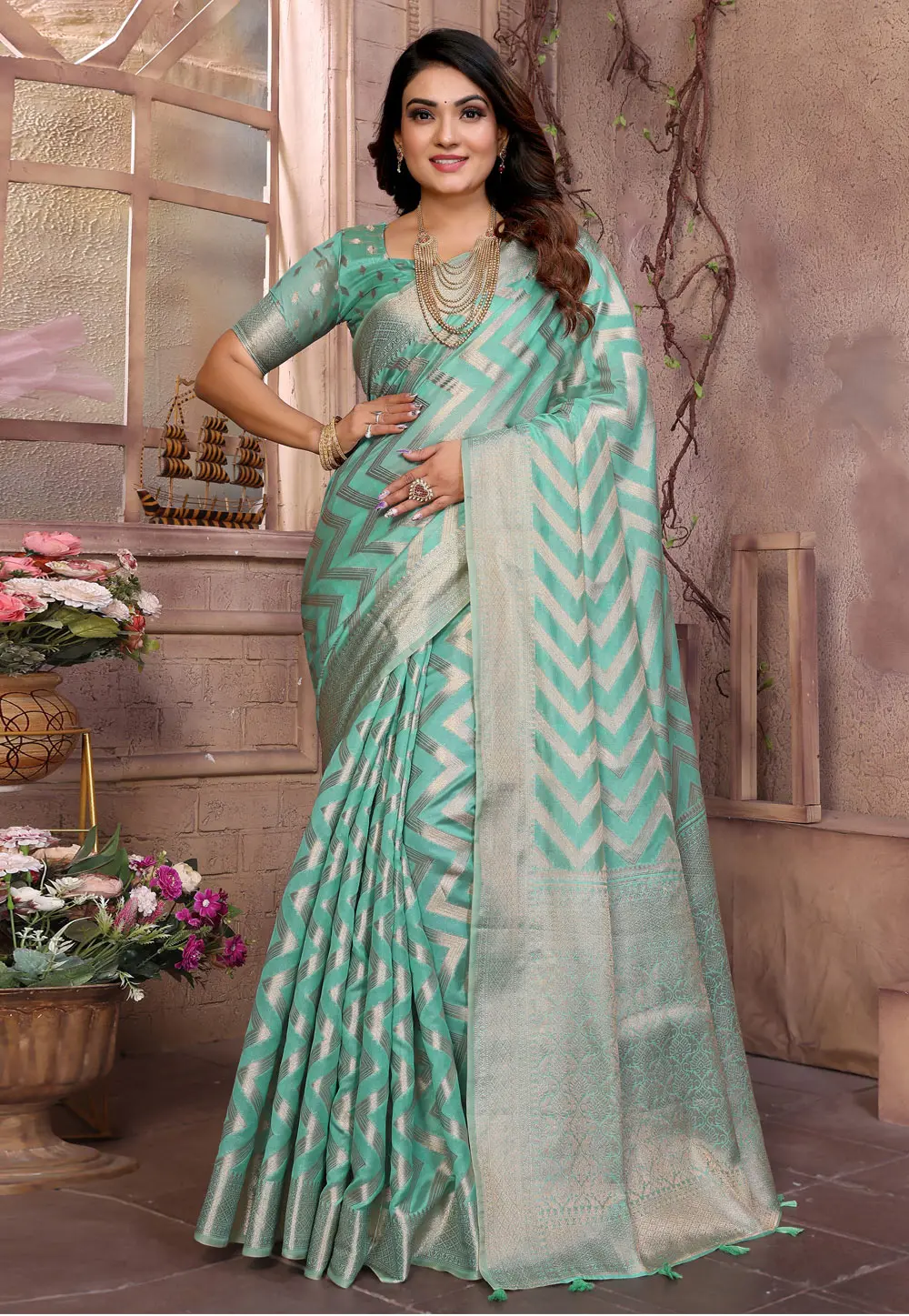 Sea Green Organza Saree With Blouse 304545