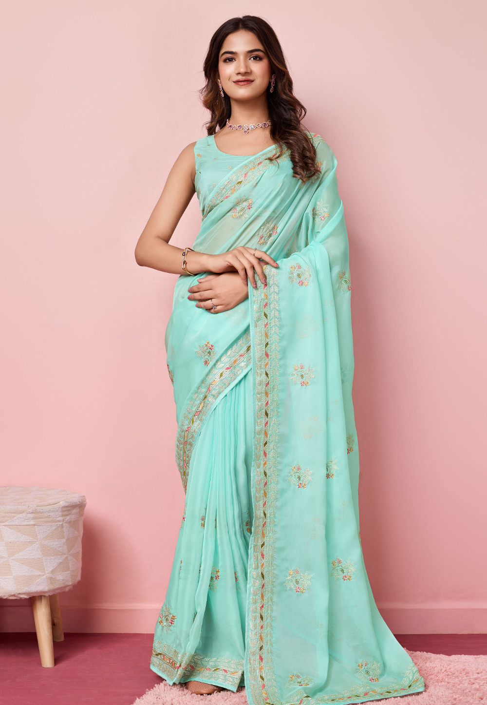 Sea Green Organza Saree With Blouse 287778