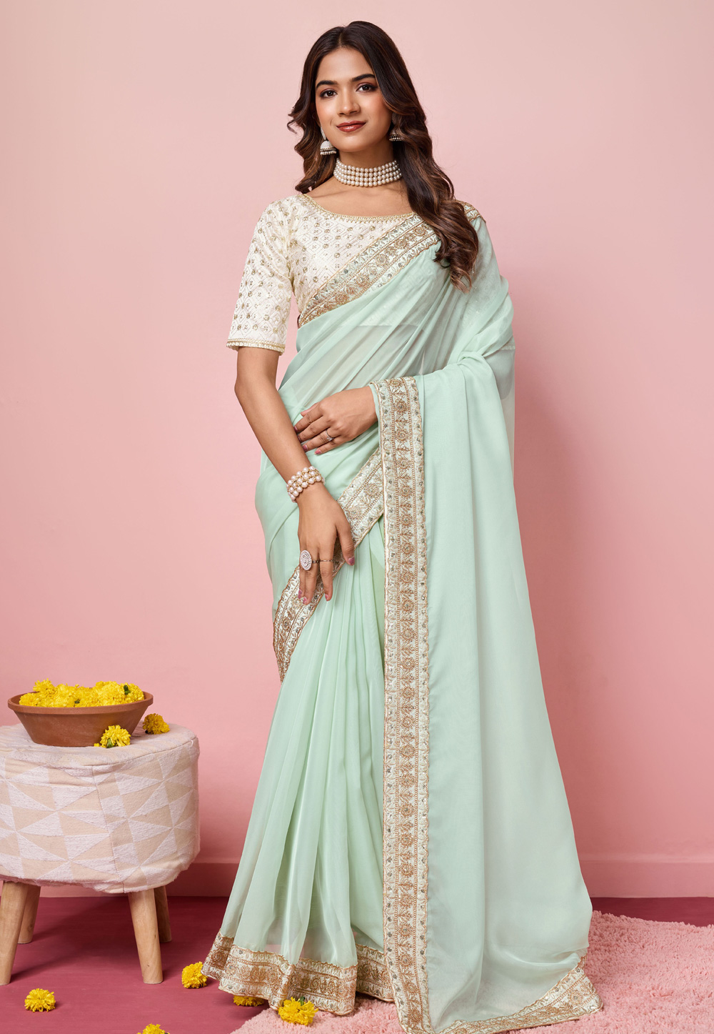 Sea Green Organza Saree With Blouse 287788