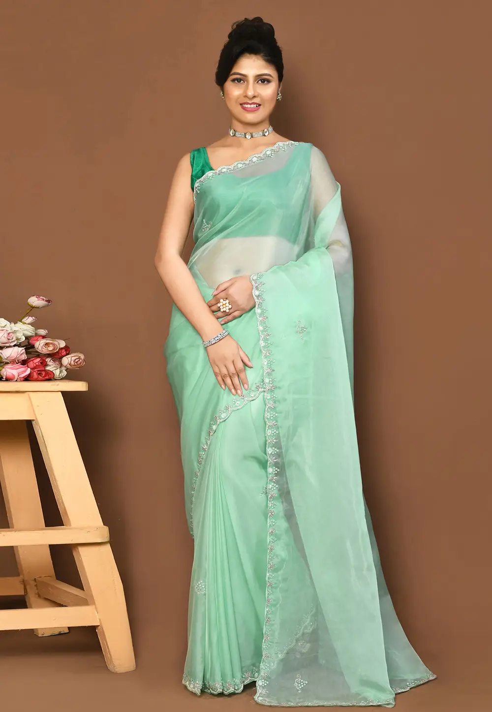 Sea Green Organza Saree With Blouse 296007