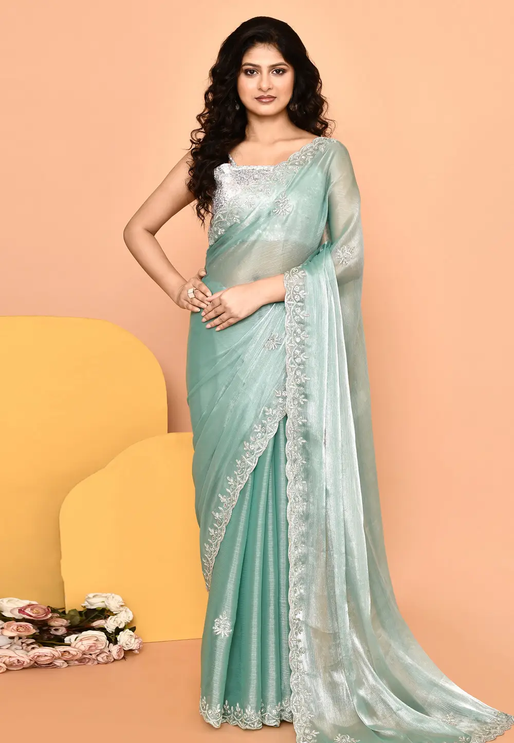 Sea Green Organza Saree With Blouse 296014