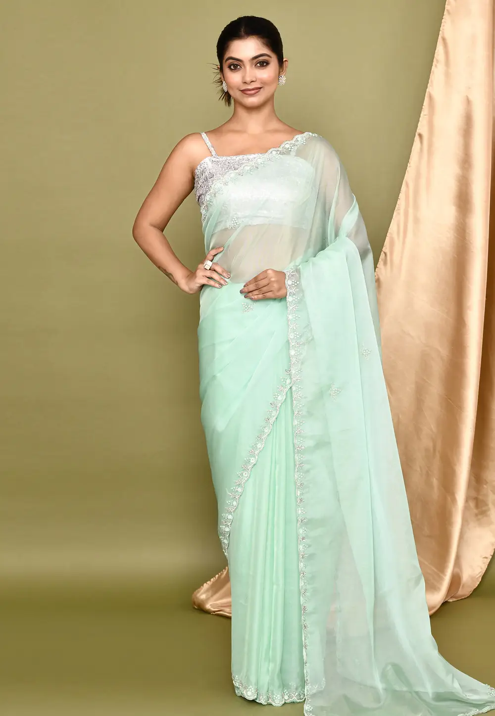 Sea Green Organza Saree With Blouse 295931