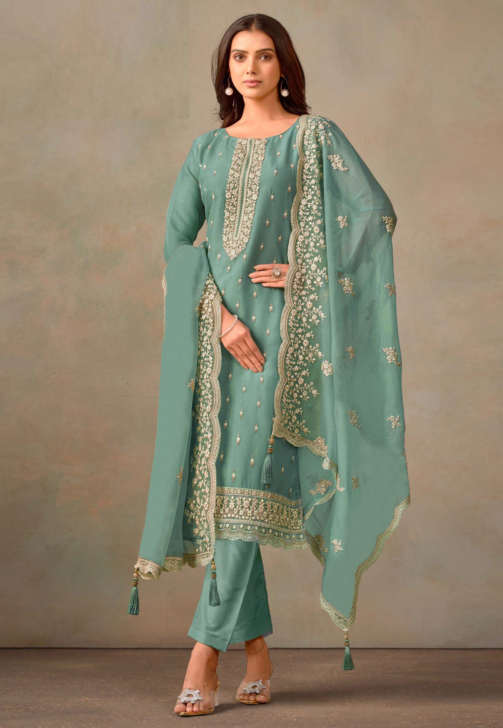 Sea Green Organza Straight Suit 287836