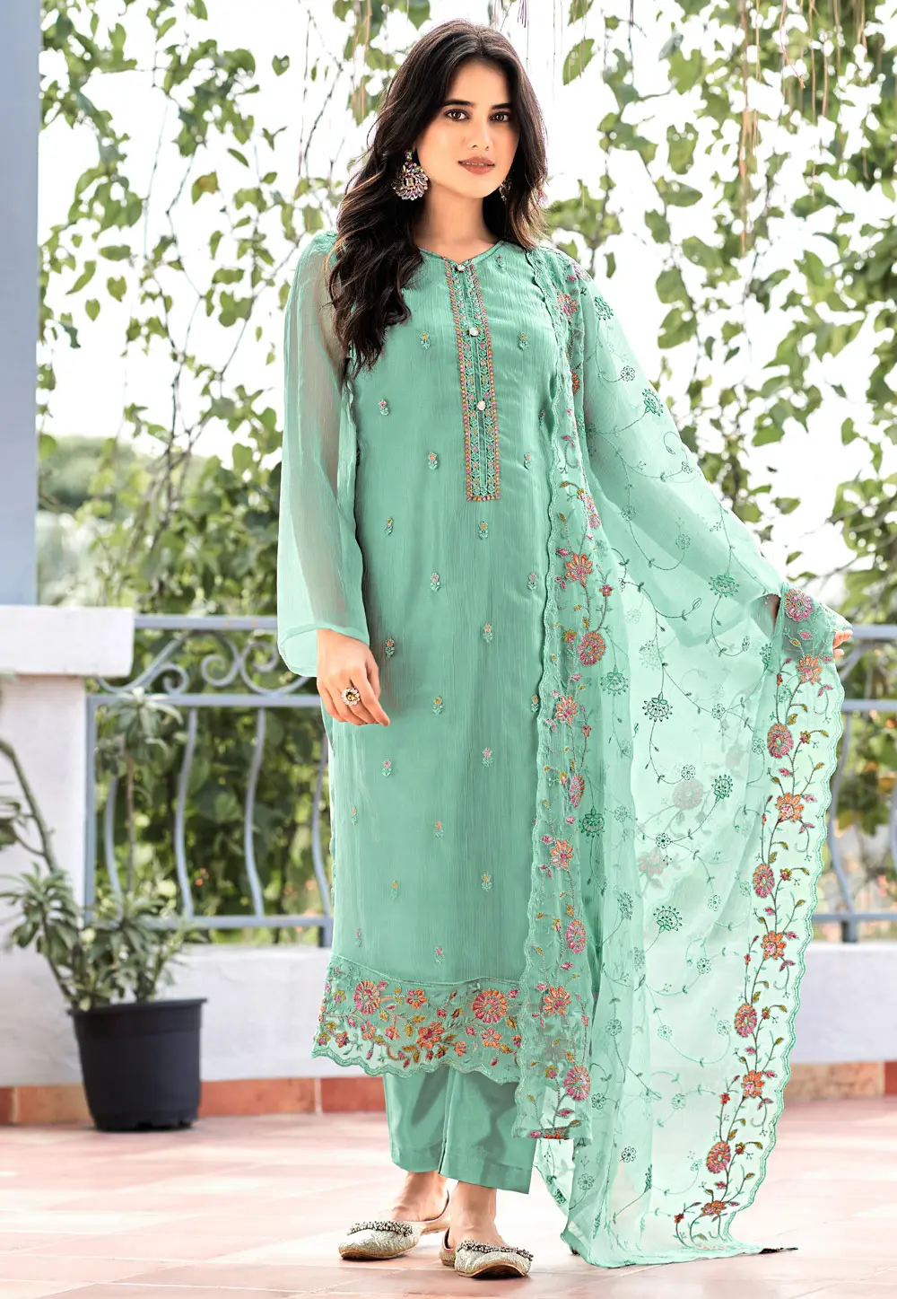 Sea Green Organza Straight Suit 300872