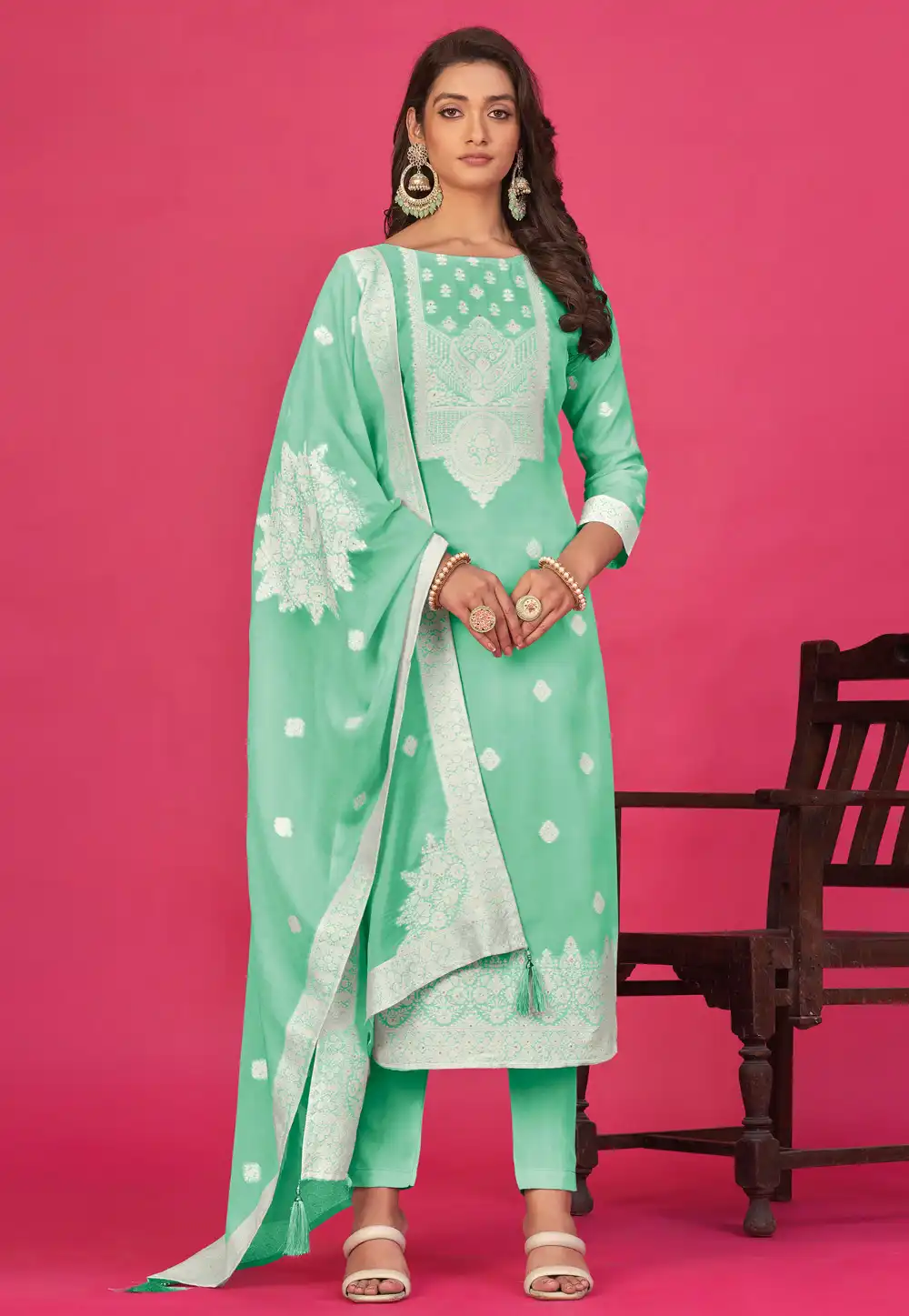 Sea Green Organza Straight Suit 290415