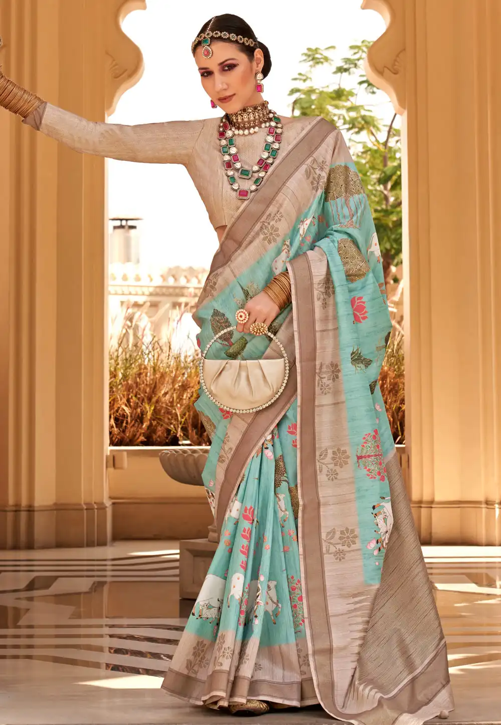 Sea Green Raw Silk Saree With Blouse 291339