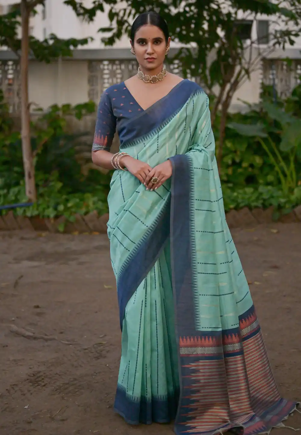 Sea Green Raw Silk Saree With Blouse 290842