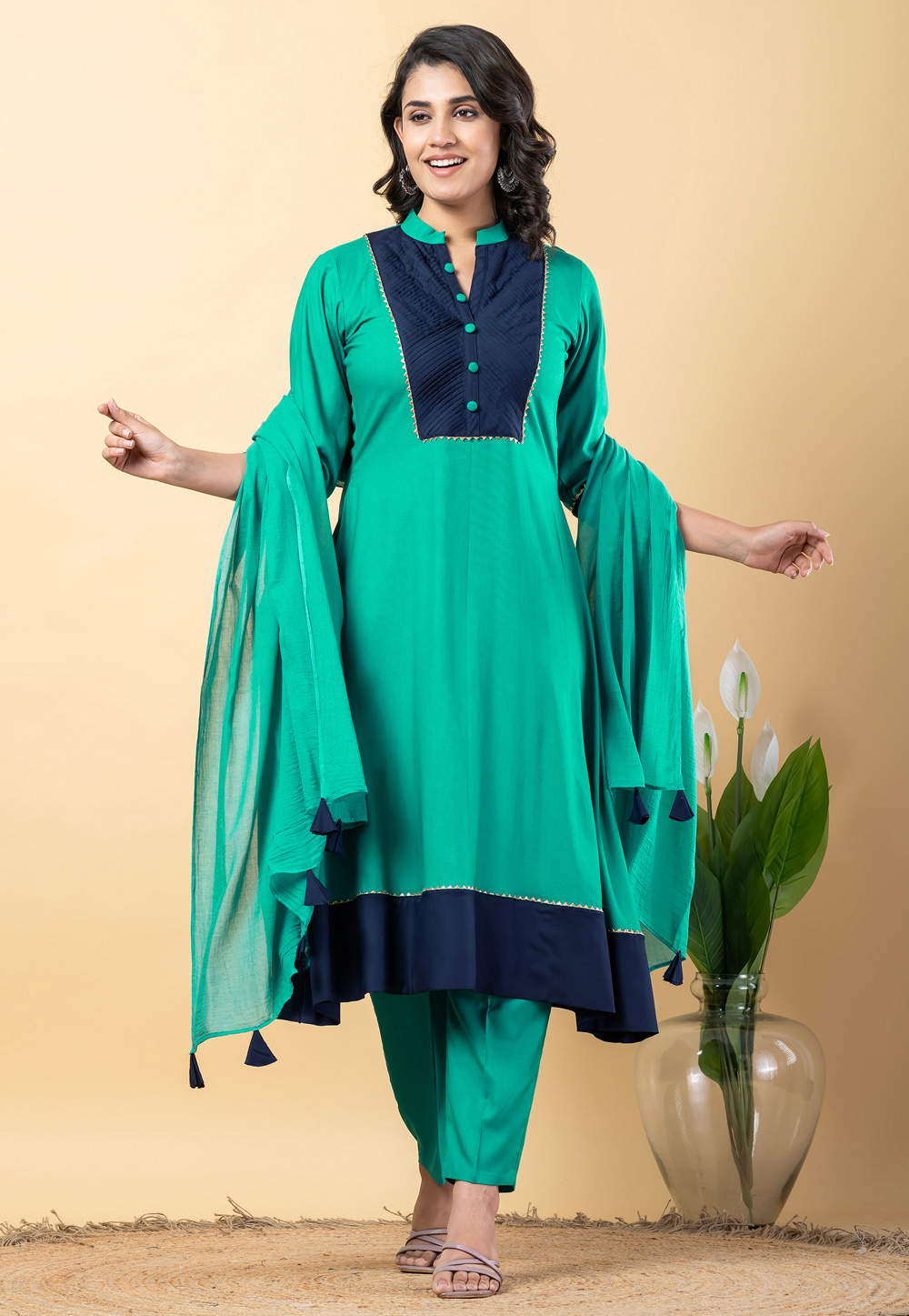 Sea Green Rayon Readymade Pant Style Suit 306576