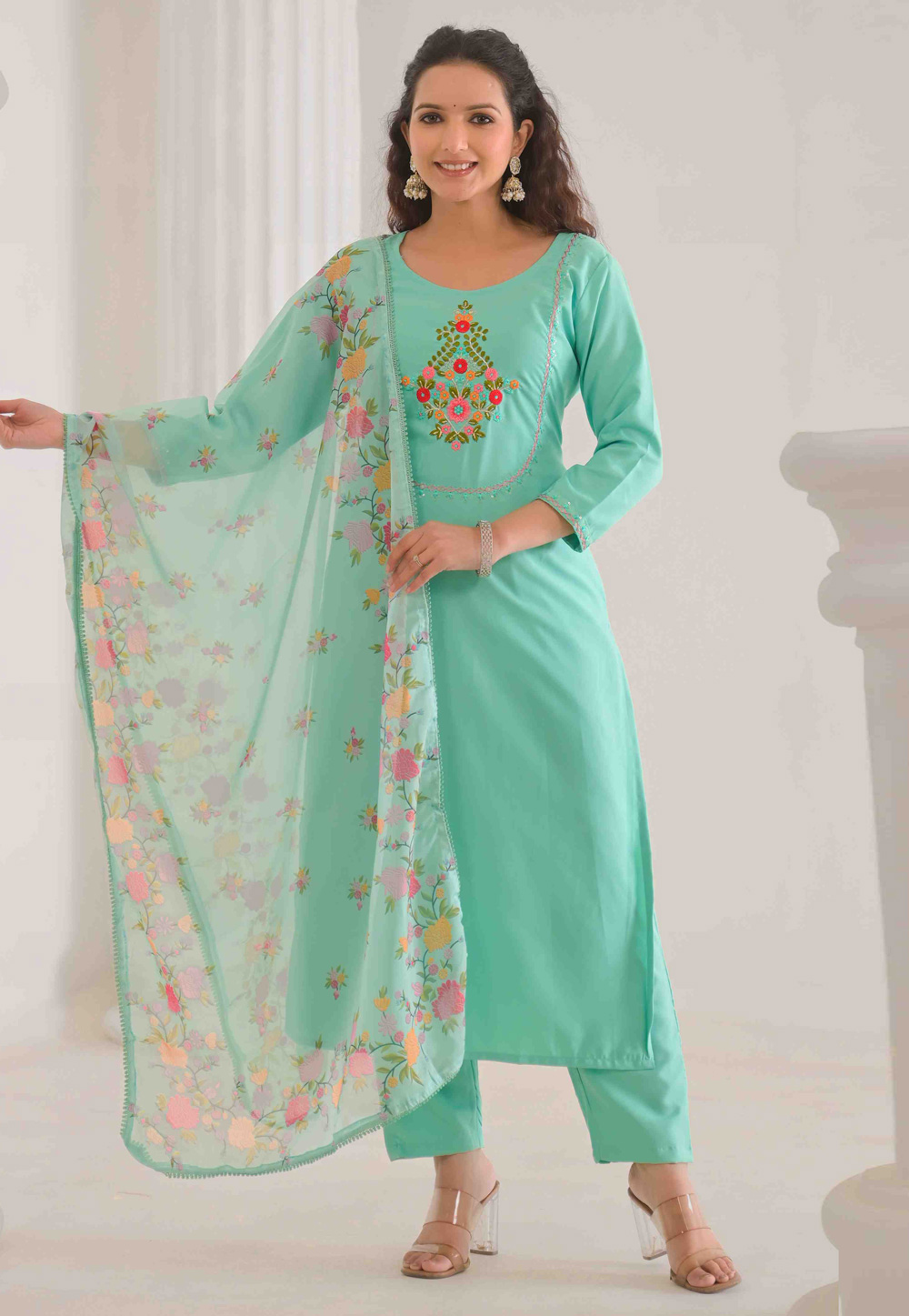 Sea Green Rayon Readymade Pant Style Suit 306276