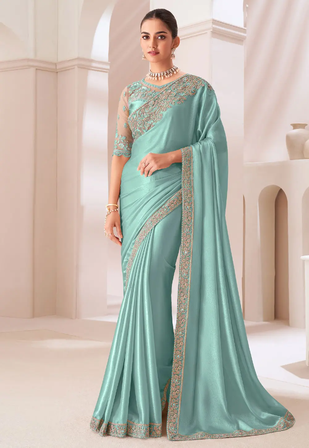 Sea Green Satin Chiffon Saree With Blouse 299438