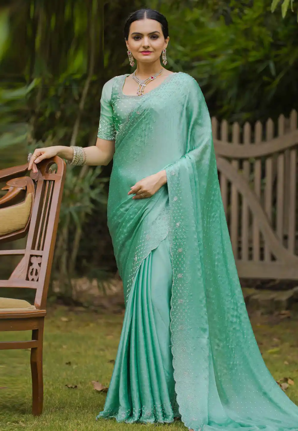 Sea Green Satin Chiffon Saree With Blouse 290857