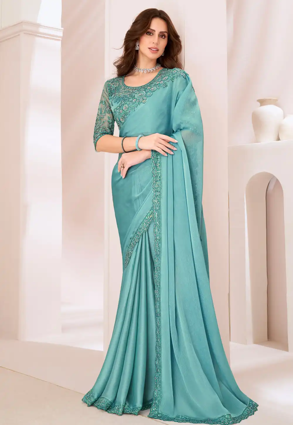 Sea Green Satin Georgette Saree With Blouse 292302