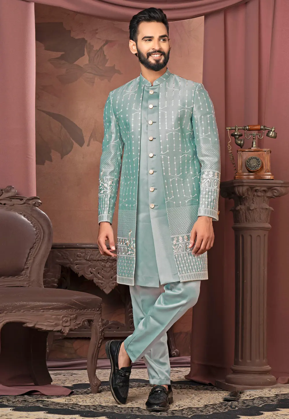 Sea Green Satin Jacket Style Sherwani 302446