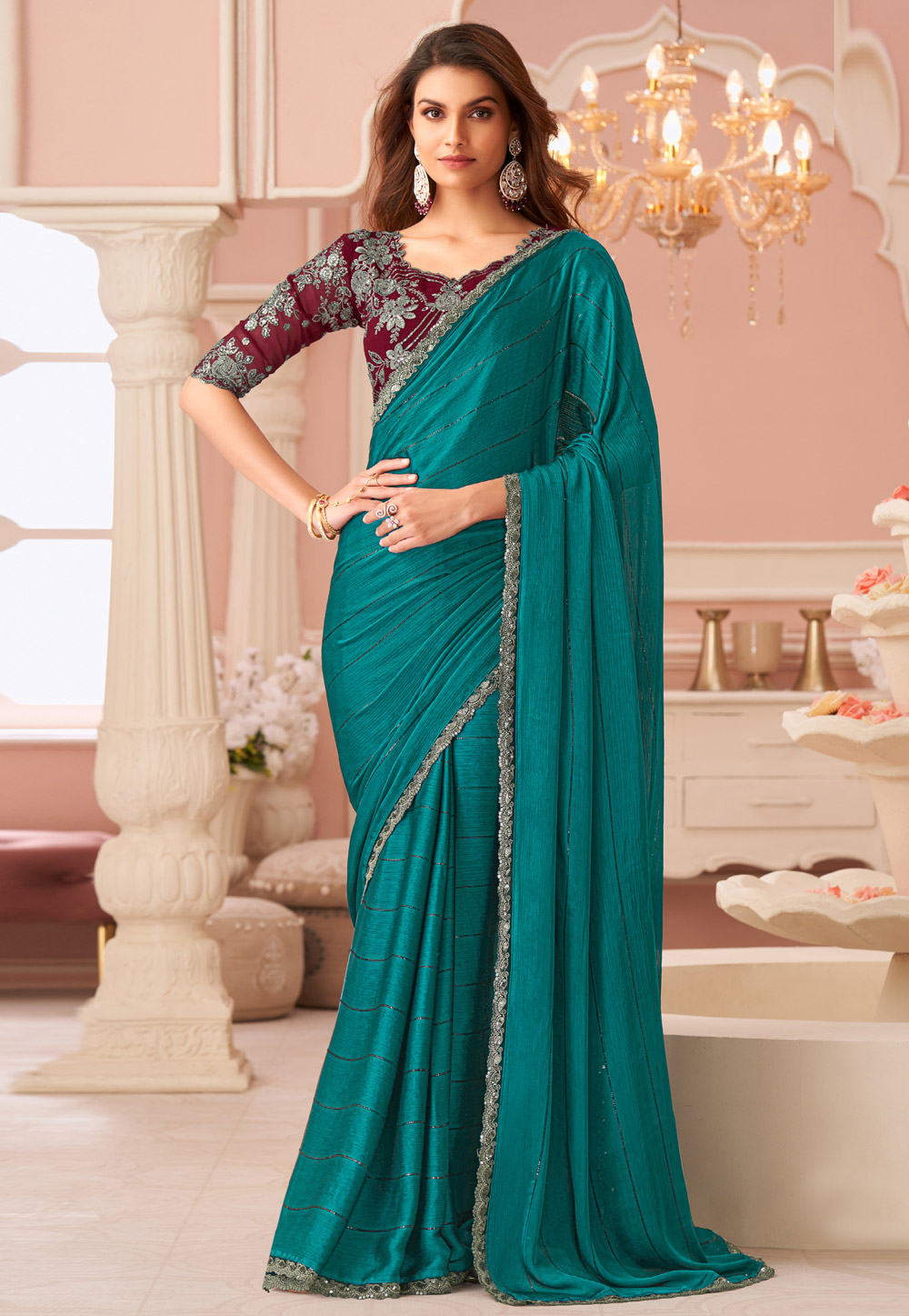 Sea Green Satin Saree With Blouse 306263