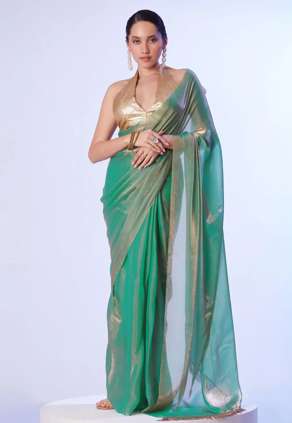 Sea Green Satin Saree With Blouse 302807