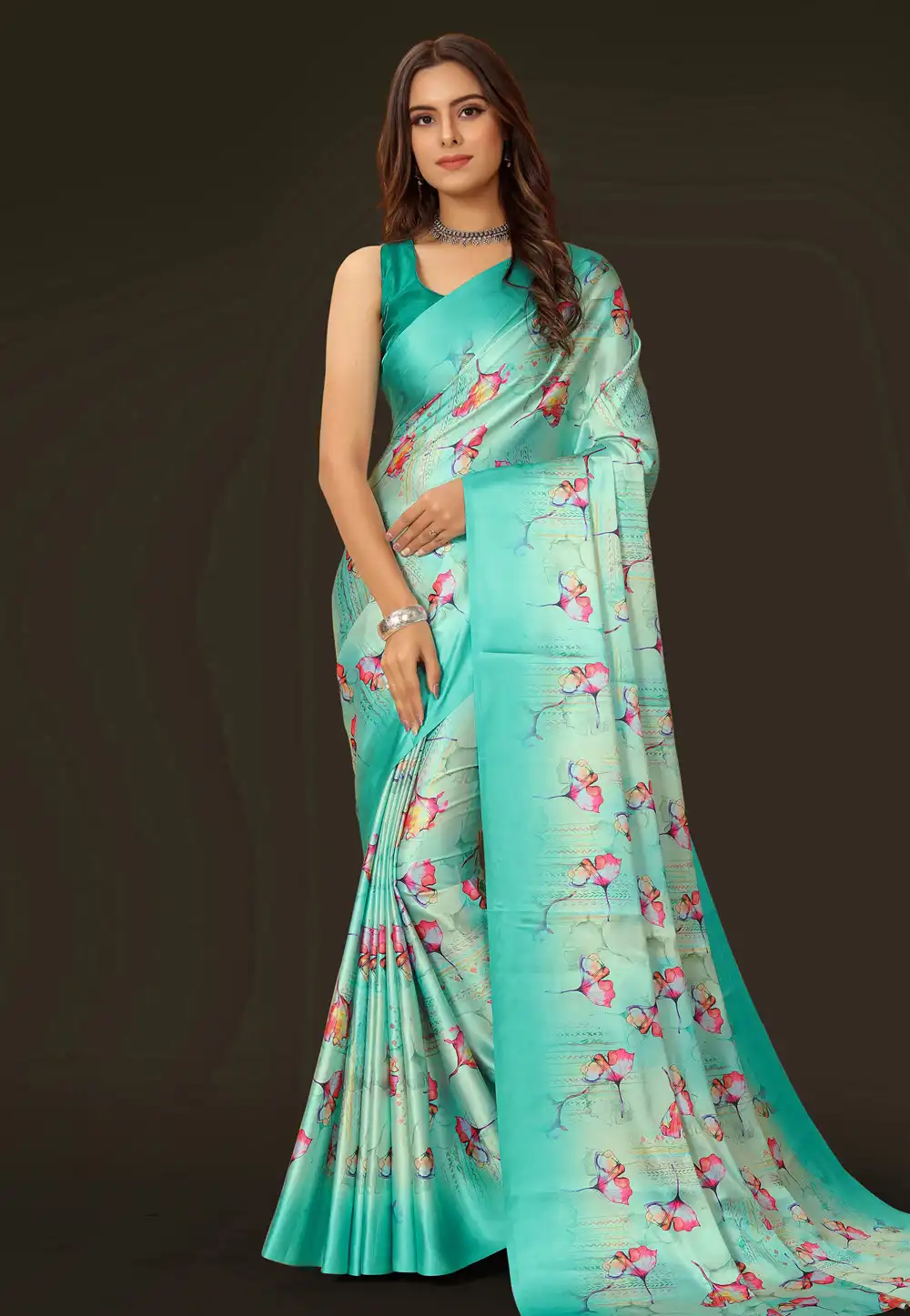 Sea Green Satin Saree With Blouse 293041