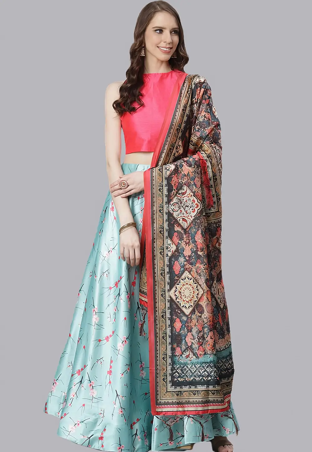 Sea Green Satin Silk Floral Lehenga choli 297142