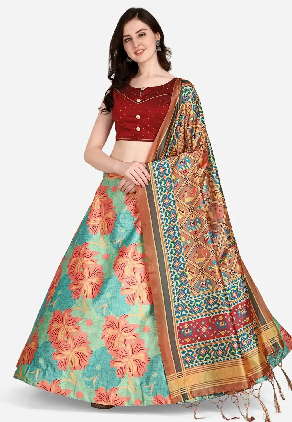 Sea Green Satin Silk Floral Lehenga choli 292281