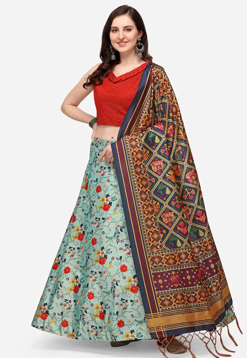 Sea Green Satin Silk Floral print Lehenga choli 290449