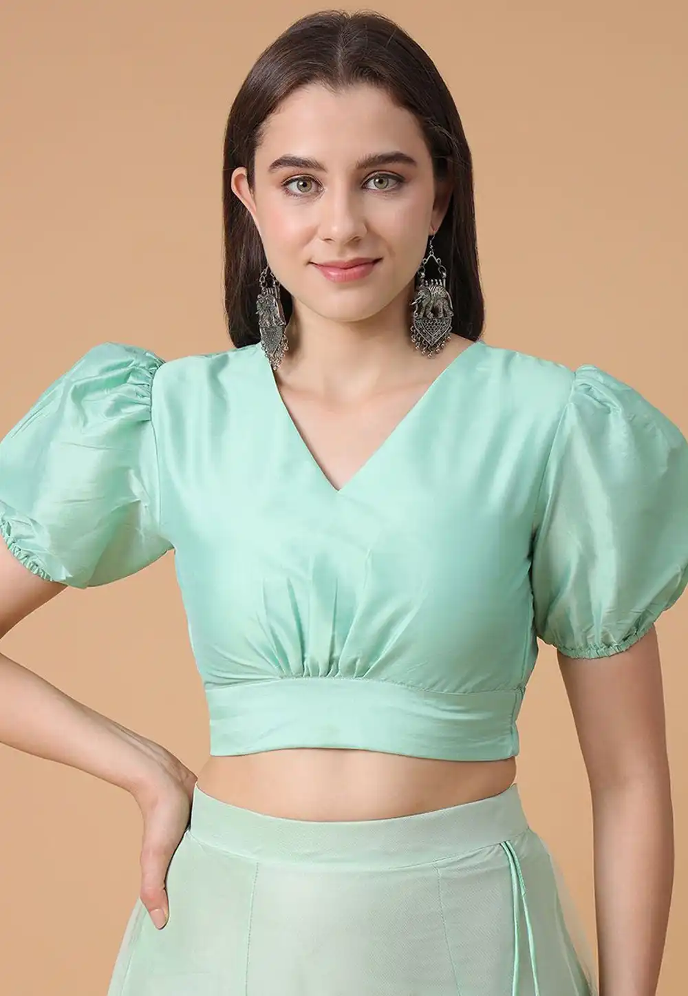 Sea Green Satin Silk Readymade Blouse 293661