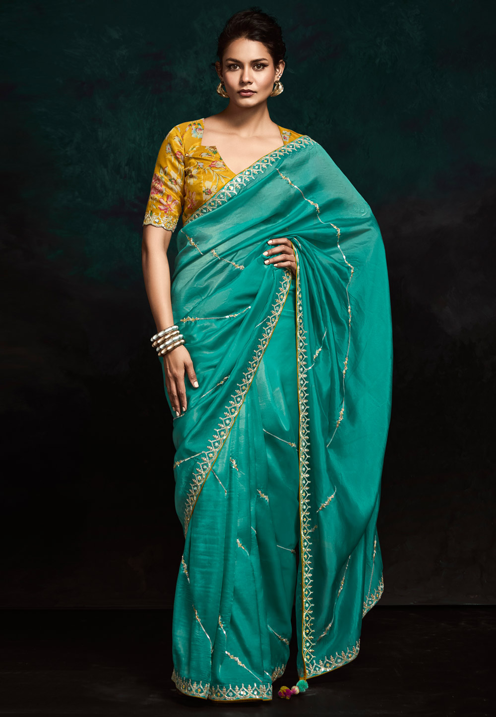 Sea Green Satin Silk Saree With Blouse 304989