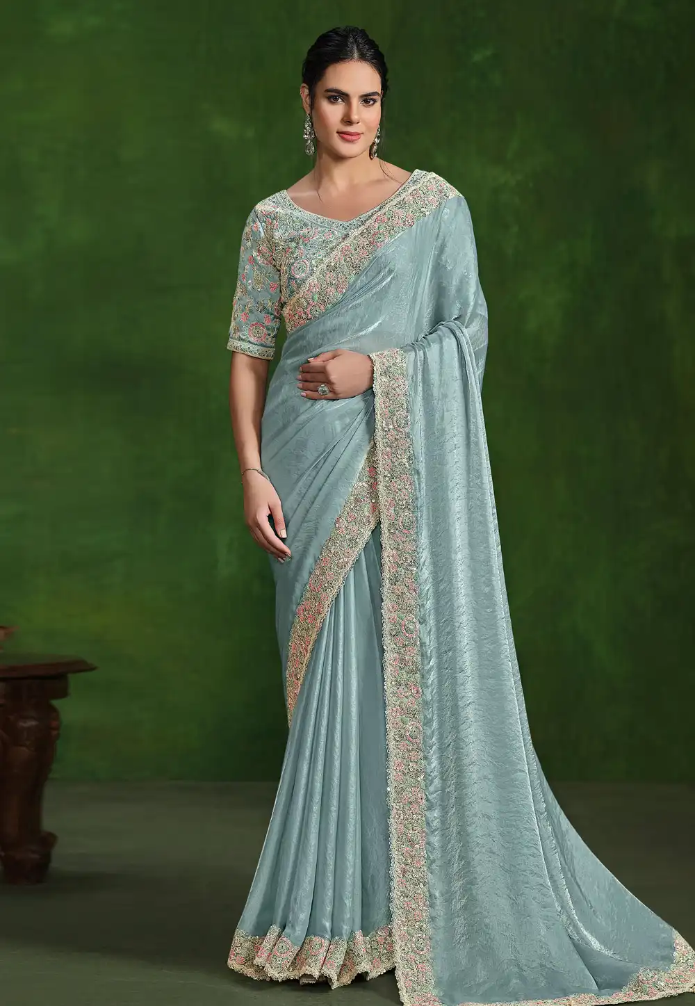 Sea Green Satin Silk Saree With Blouse 294727