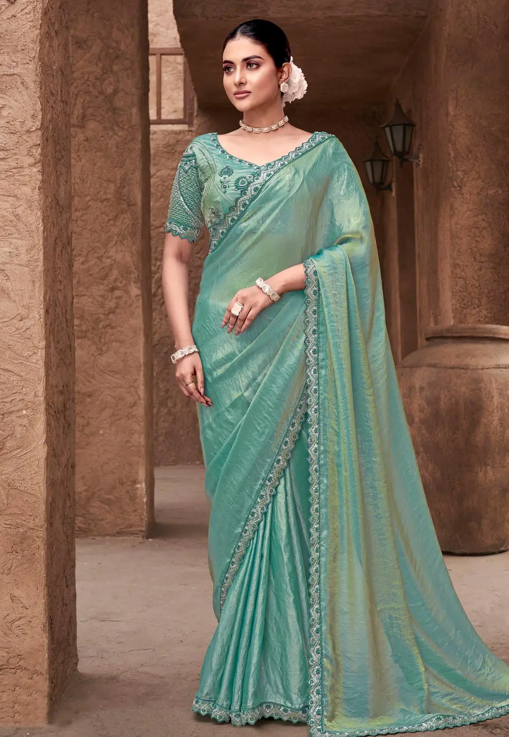 Sea Green Satin Silk Saree With Blouse 303951