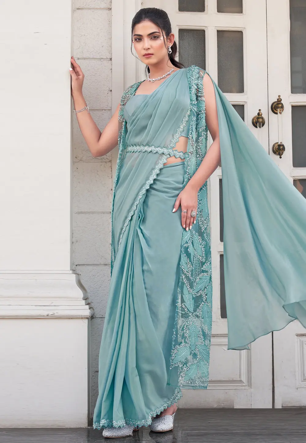 Sea Green Satin Silk Saree With Blouse 304556