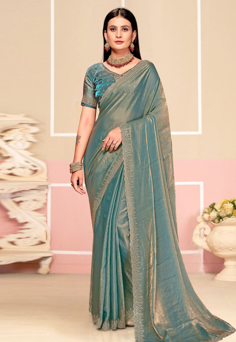 Sea Green Satin Silk Saree With Blouse 310843