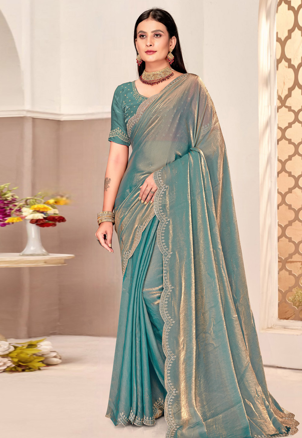 Sea Green Satin Silk Saree With Blouse 311030